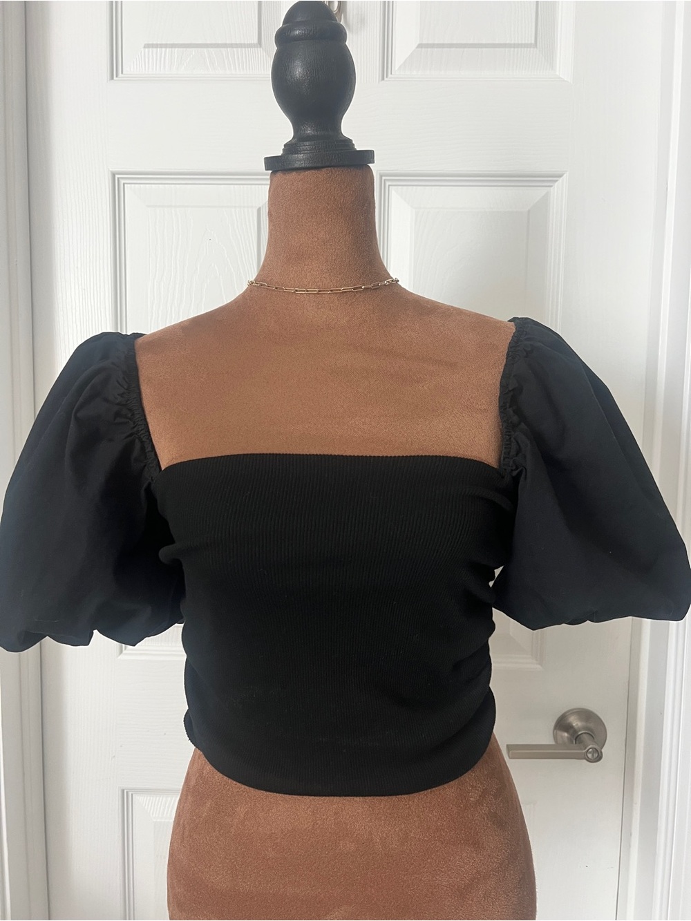 Zara Black Puff-Sleeve Square Neck Crop Top